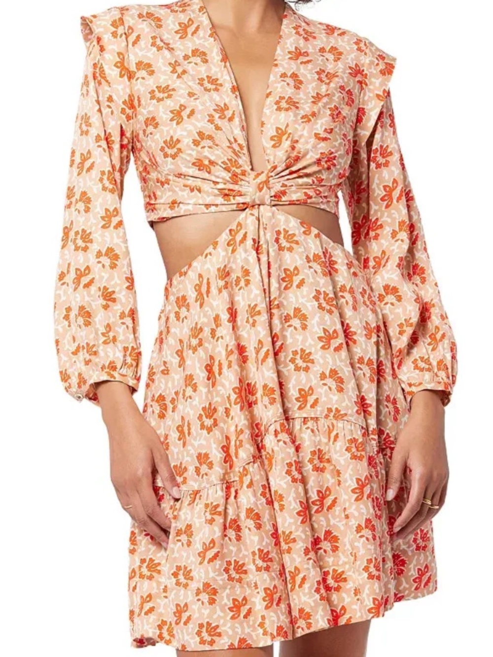 Joie Maeve Mini Dress Multi Floral Twist Front Cutout A-Line - Size 6 -Beige/Red